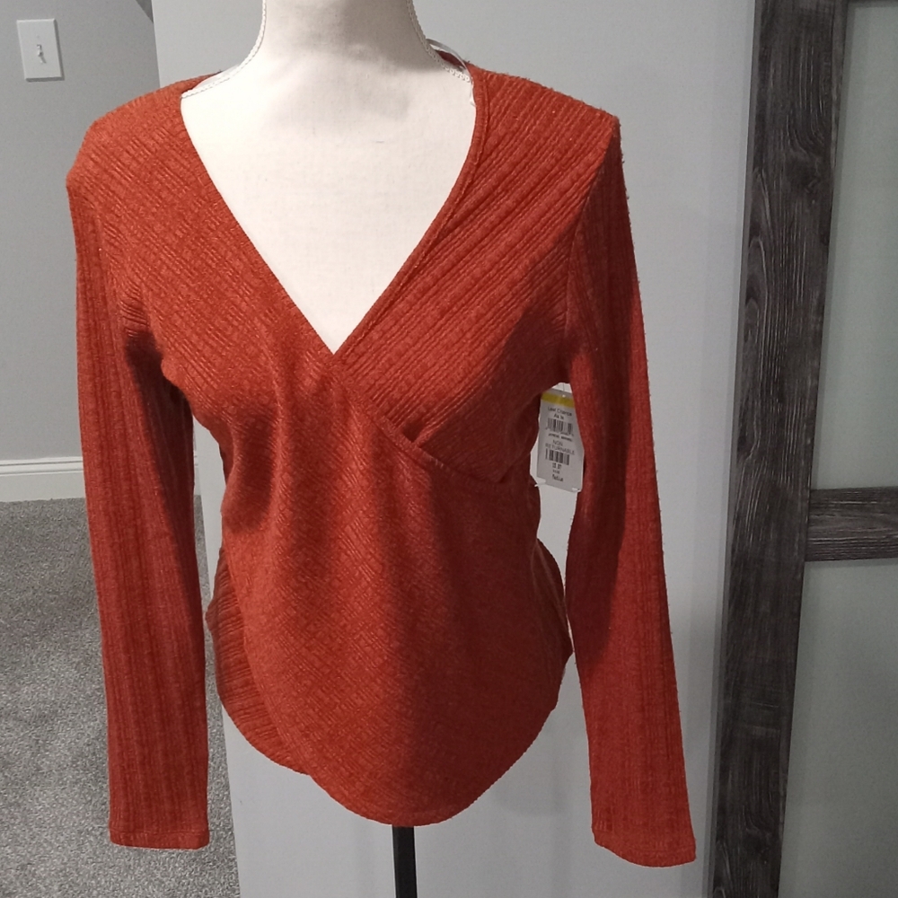 Patrizia Luca Milano Burnt Orange Long Sleeve Crossover Knit Top Size M NWT